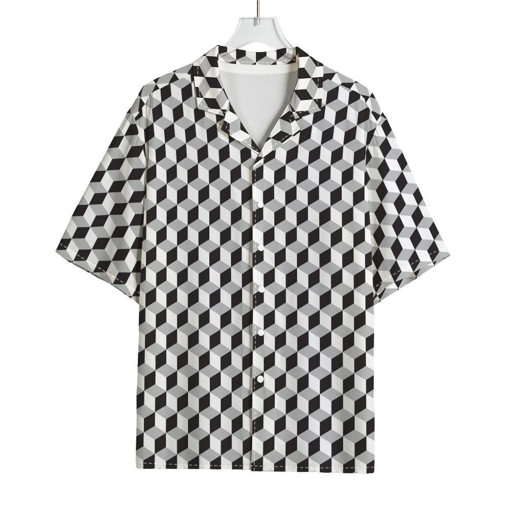 Grey Geometric Cube Shape Pattern Print Rayon Hawaiian Shirt