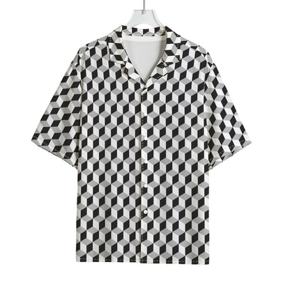 Grey Geometric Cube Shape Pattern Print Rayon Hawaiian Shirt