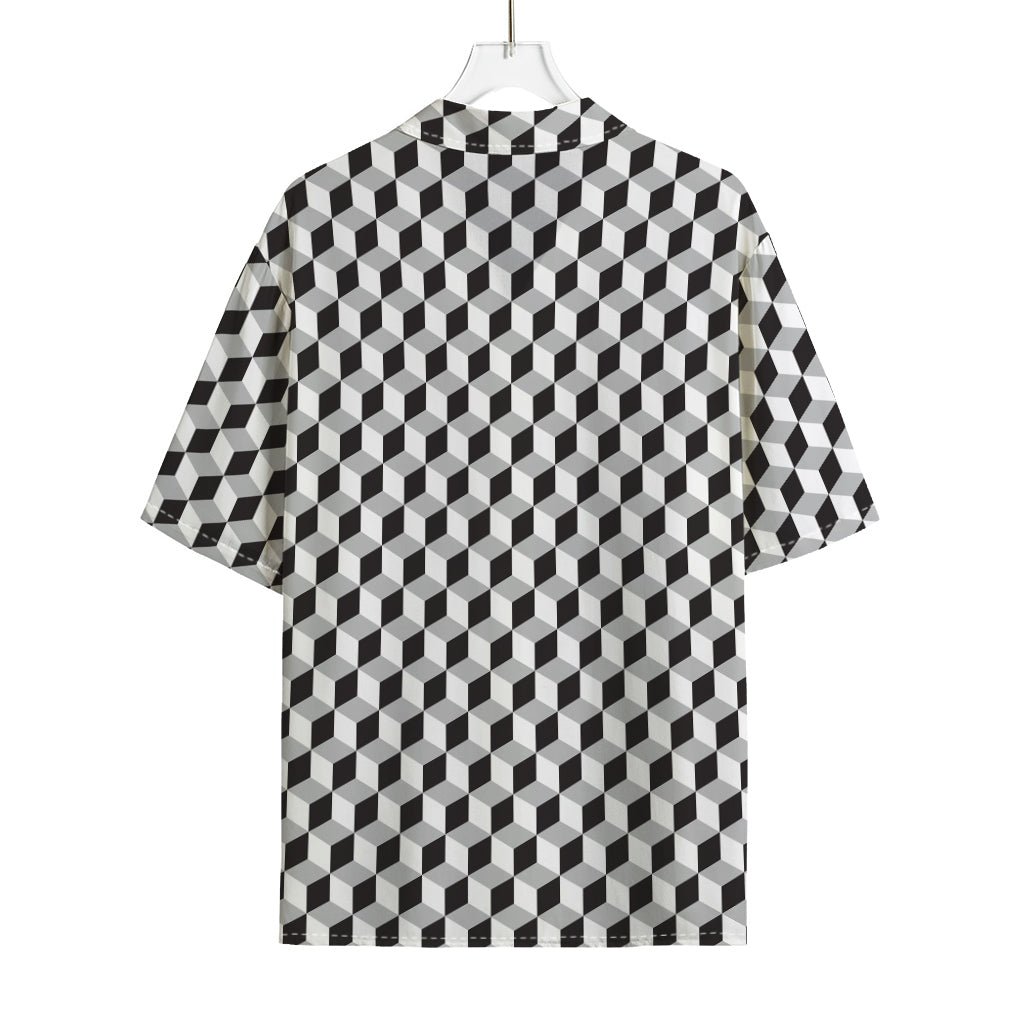 Grey Geometric Cube Shape Pattern Print Rayon Hawaiian Shirt