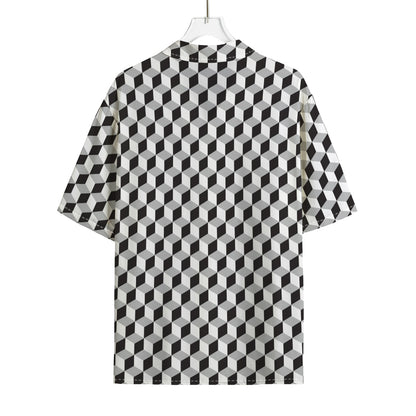 Grey Geometric Cube Shape Pattern Print Rayon Hawaiian Shirt
