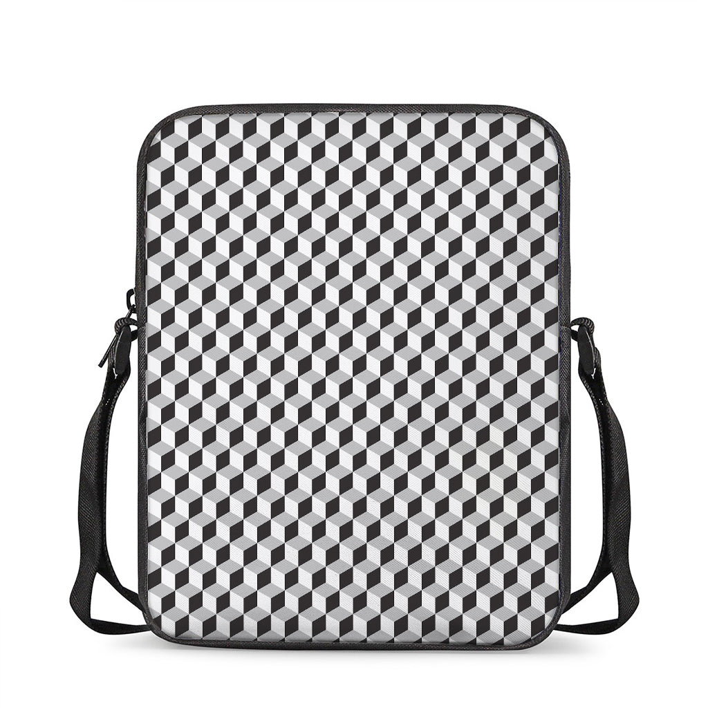 Grey Geometric Cube Shape Pattern Print Rectangular Crossbody Bag