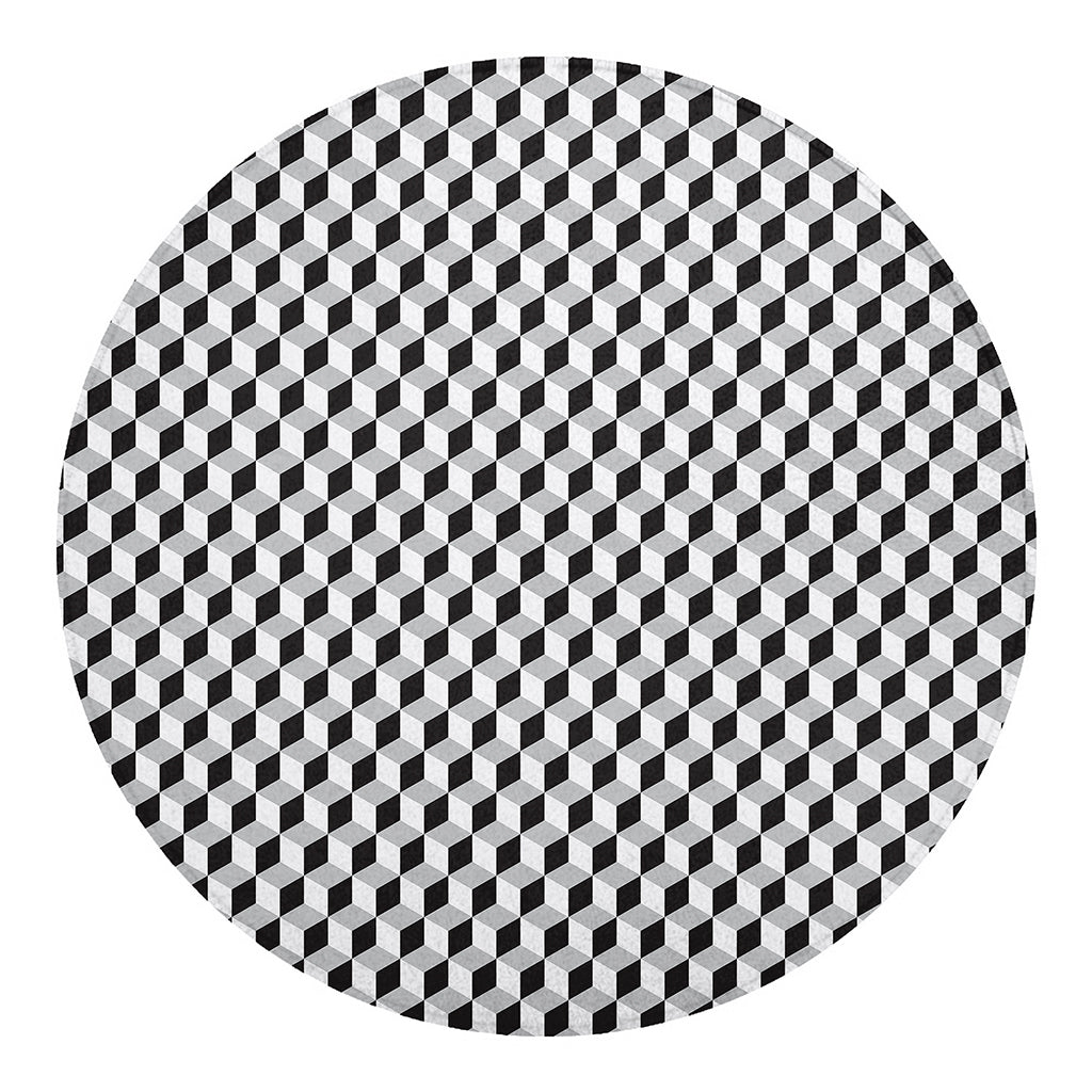 Grey Geometric Cube Shape Pattern Print Round Blanket