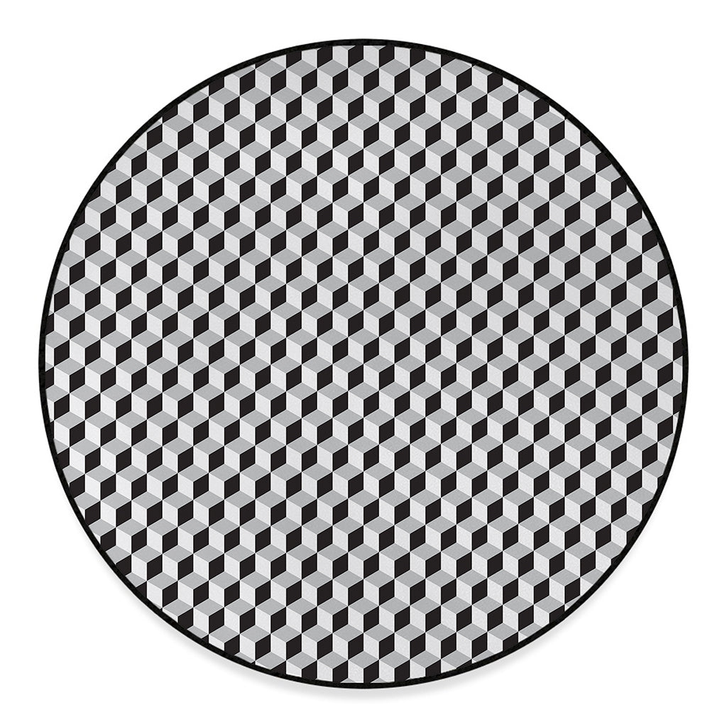 Grey Geometric Cube Shape Pattern Print Round Floor Mat