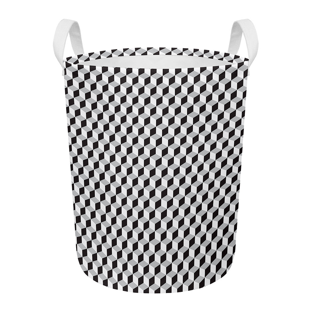 Grey Geometric Cube Shape Pattern Print Round Laundry Basket