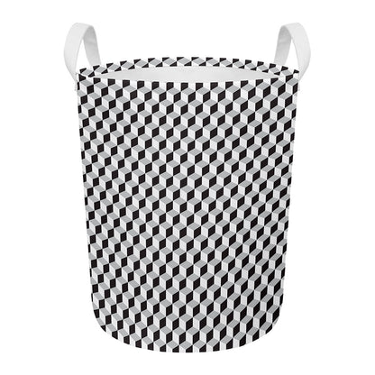 Grey Geometric Cube Shape Pattern Print Round Laundry Basket