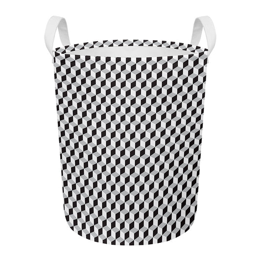 Grey Geometric Cube Shape Pattern Print Round Laundry Basket