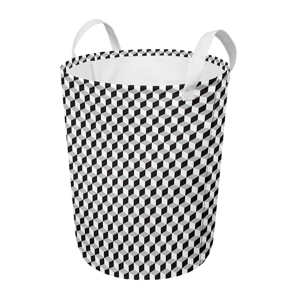 Grey Geometric Cube Shape Pattern Print Round Laundry Basket