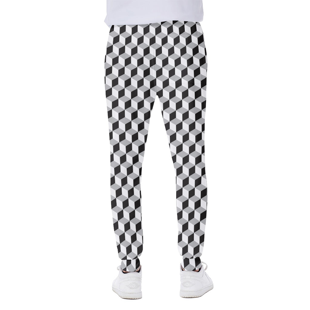 Grey Geometric Cube Shape Pattern Print Scuba Joggers
