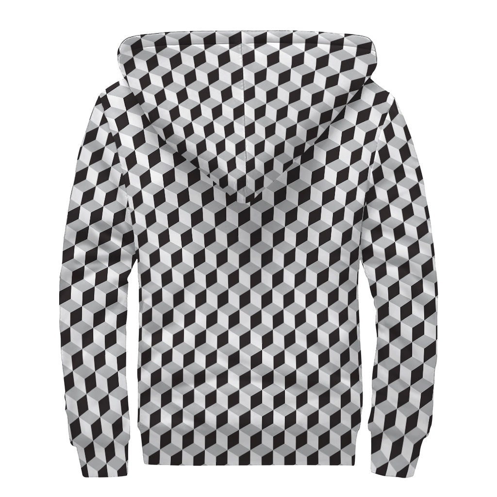 Grey Geometric Cube Shape Pattern Print Sherpa Lined Zip Up Hoodie