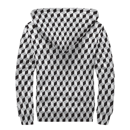 Grey Geometric Cube Shape Pattern Print Sherpa Lined Zip Up Hoodie