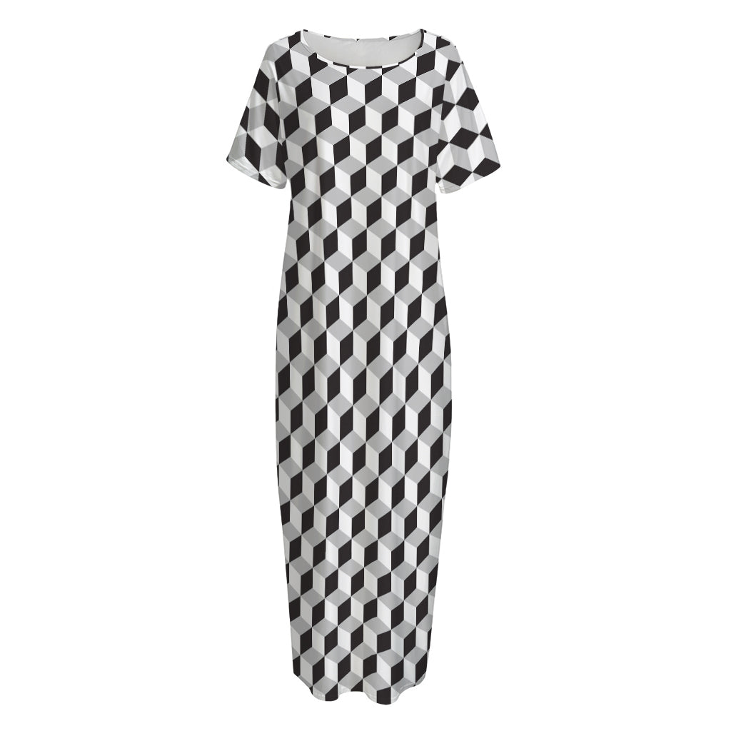 Grey Geometric Cube Shape Pattern Print Short Sleeve Long Nightdress
