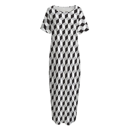 Grey Geometric Cube Shape Pattern Print Short Sleeve Long Nightdress