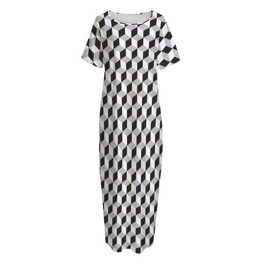 Grey Geometric Cube Shape Pattern Print Short Sleeve Long Nightdress