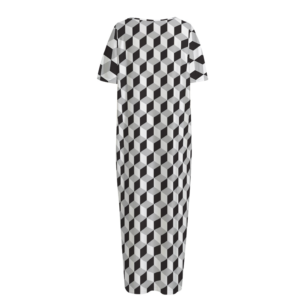Grey Geometric Cube Shape Pattern Print Short Sleeve Long Nightdress