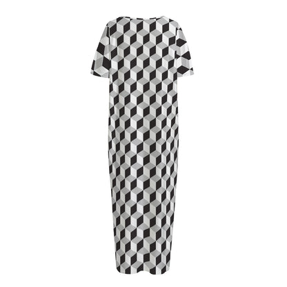Grey Geometric Cube Shape Pattern Print Short Sleeve Long Nightdress