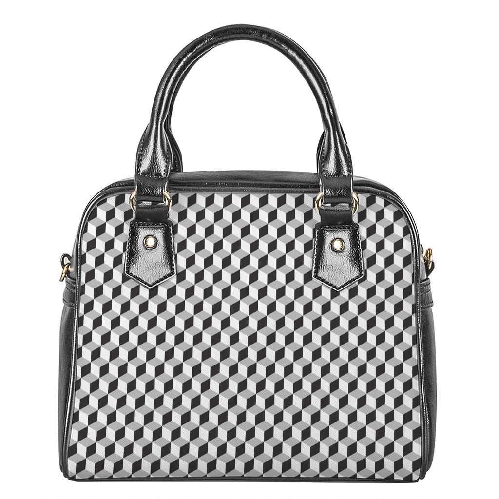Grey Geometric Cube Shape Pattern Print Shoulder Handbag