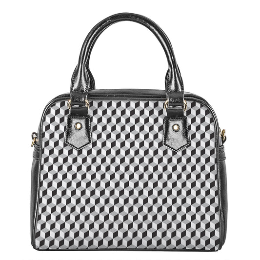 Grey Geometric Cube Shape Pattern Print Shoulder Handbag