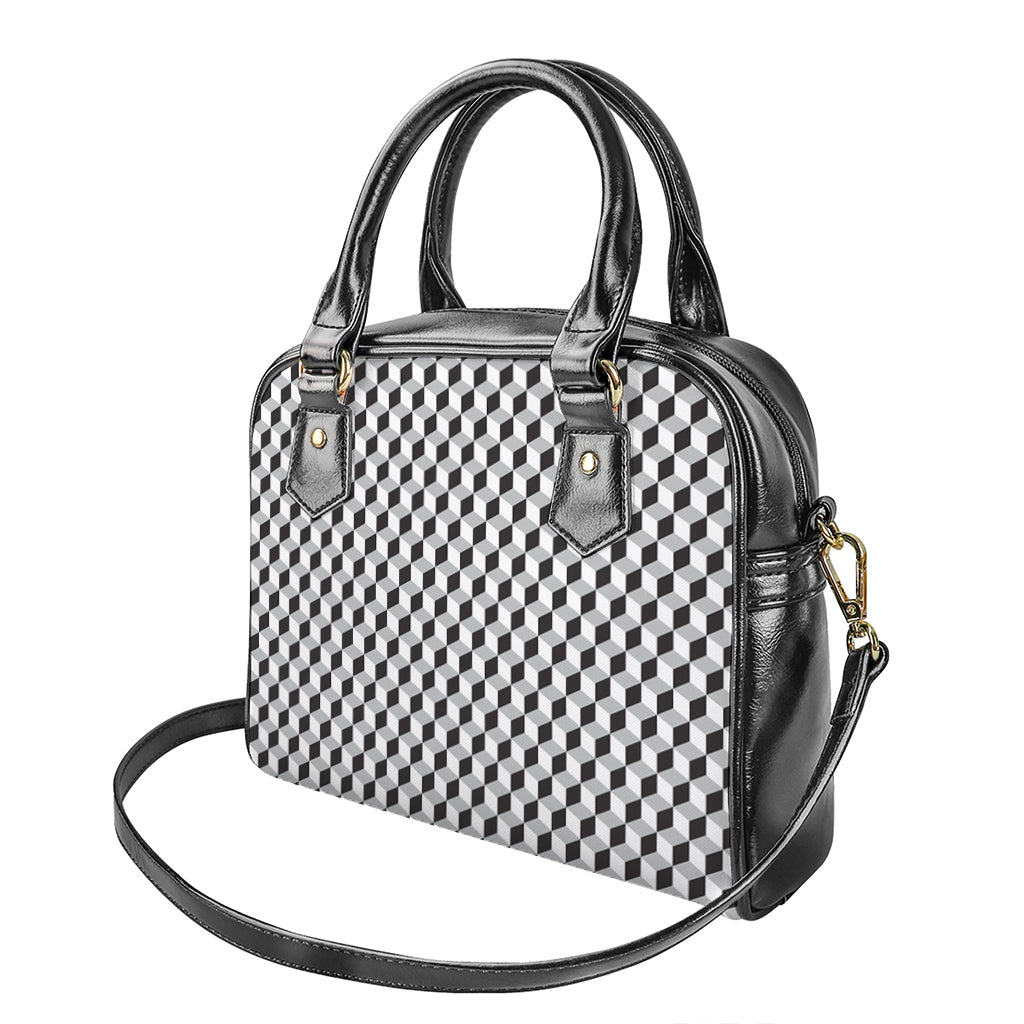 Grey Geometric Cube Shape Pattern Print Shoulder Handbag