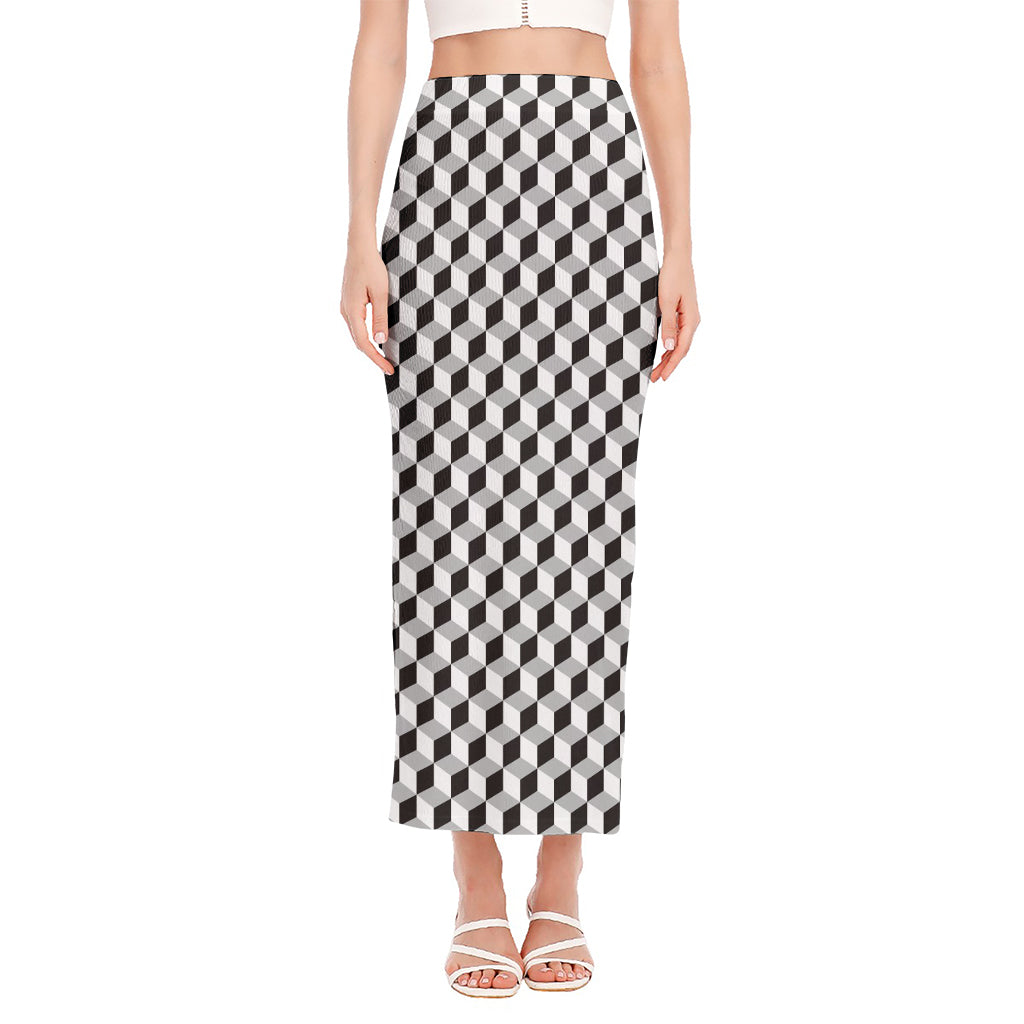 Grey Geometric Cube Shape Pattern Print Side Slit Maxi Skirt