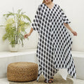 Grey Geometric Cube Shape Pattern Print Silk V-Neck Kaftan Dress