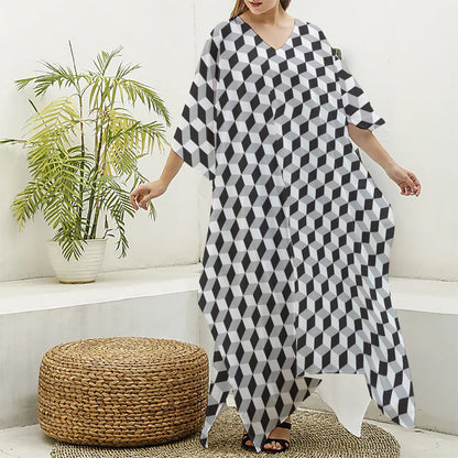 Grey Geometric Cube Shape Pattern Print Silk V-Neck Kaftan Dress