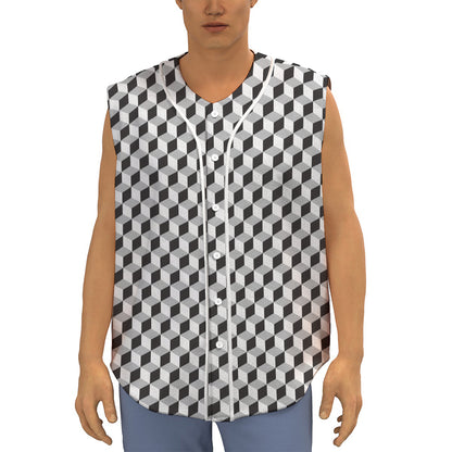Grey Geometric Cube Shape Pattern Print Sleeveless Baseball Jersey