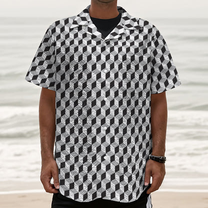 Grey Geometric Cube Shape Pattern Print Textured Short Sleeve Shirt