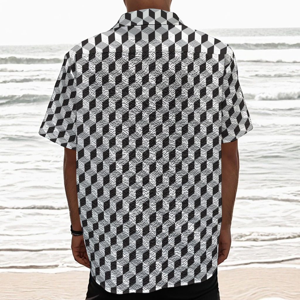 Grey Geometric Cube Shape Pattern Print Textured Short Sleeve Shirt