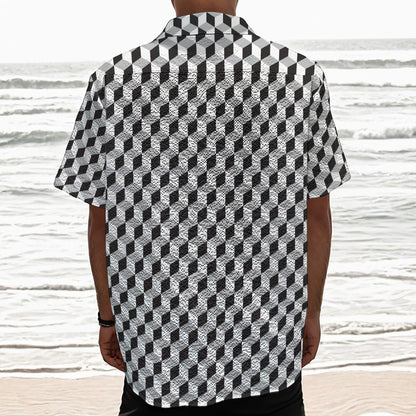 Grey Geometric Cube Shape Pattern Print Textured Short Sleeve Shirt