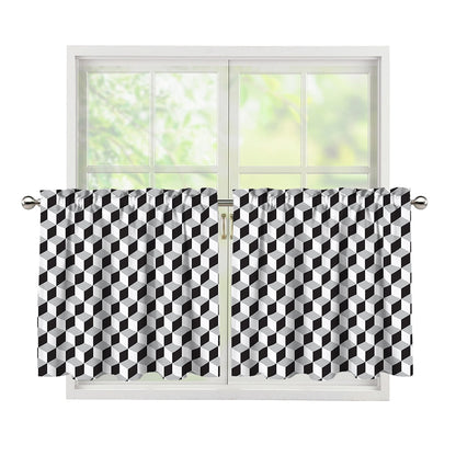 Grey Geometric Cube Shape Pattern Print Tier Curtains