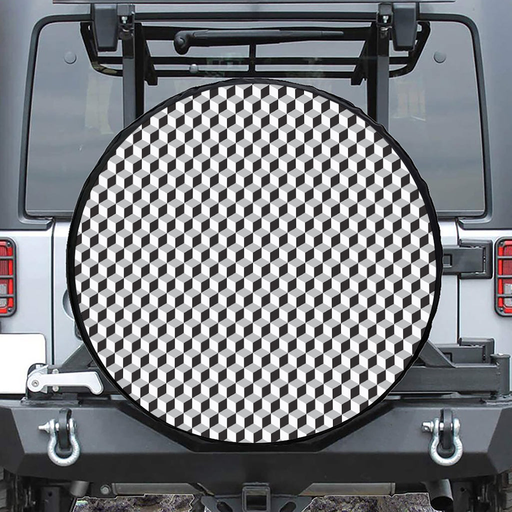 Grey Geometric Cube Shape Pattern Print Tire Cover