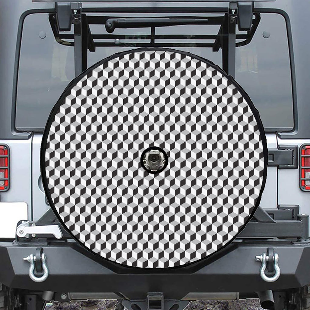 Grey Geometric Cube Shape Pattern Print Tire Cover With Camera Hole