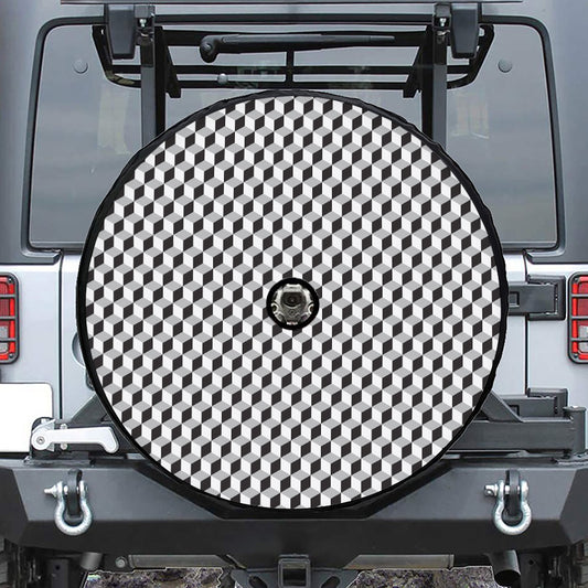 Grey Geometric Cube Shape Pattern Print Tire Cover With Camera Hole