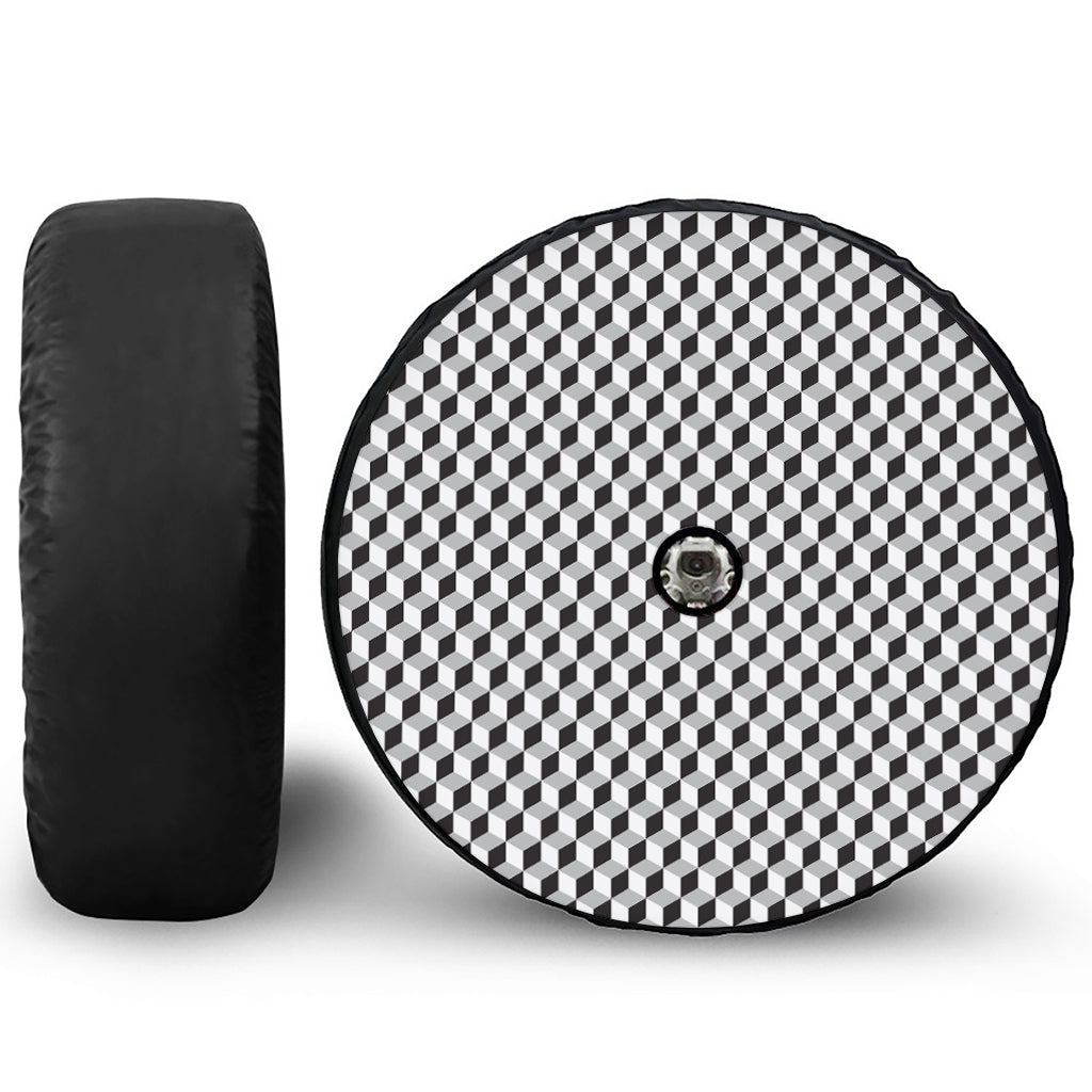 Grey Geometric Cube Shape Pattern Print Tire Cover With Camera Hole