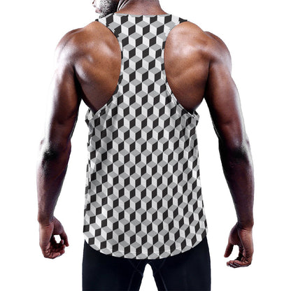 Grey Geometric Cube Shape Pattern Print Training Tank Top
