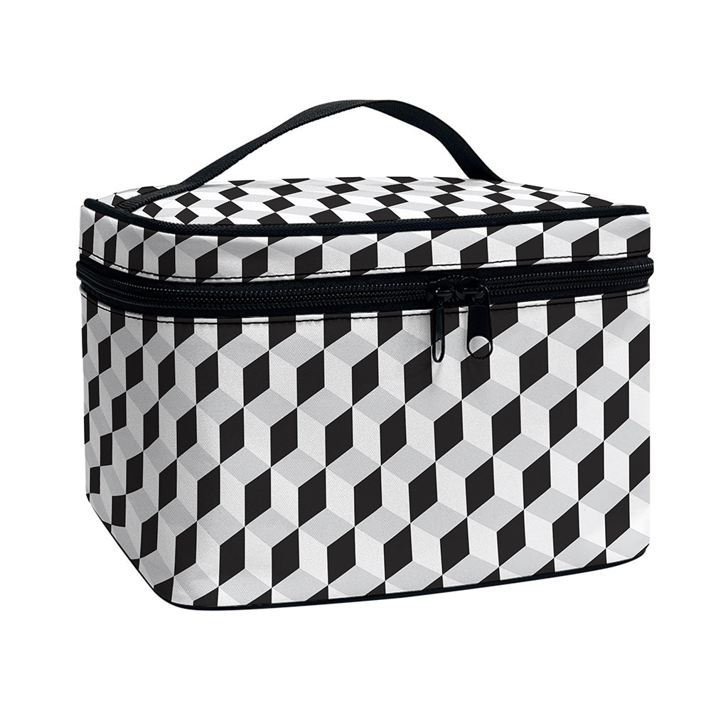 Grey Geometric Cube Shape Pattern Print Travel Makeup Bag