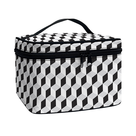 Grey Geometric Cube Shape Pattern Print Travel Makeup Bag
