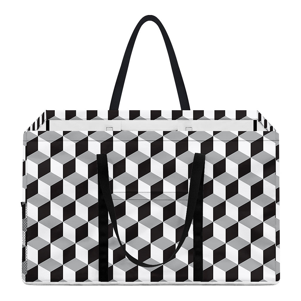 Grey Geometric Cube Shape Pattern Print Utility Tote Bag