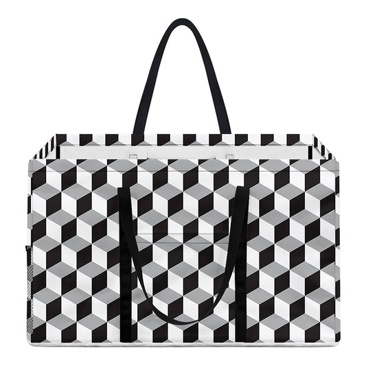 Grey Geometric Cube Shape Pattern Print Utility Tote Bag