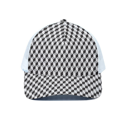 Grey Geometric Cube Shape Pattern Print White Mesh Trucker Cap