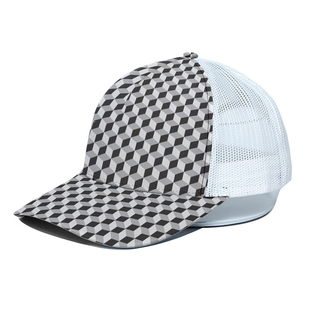 Grey Geometric Cube Shape Pattern Print White Mesh Trucker Cap