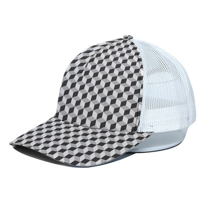 Grey Geometric Cube Shape Pattern Print White Mesh Trucker Cap