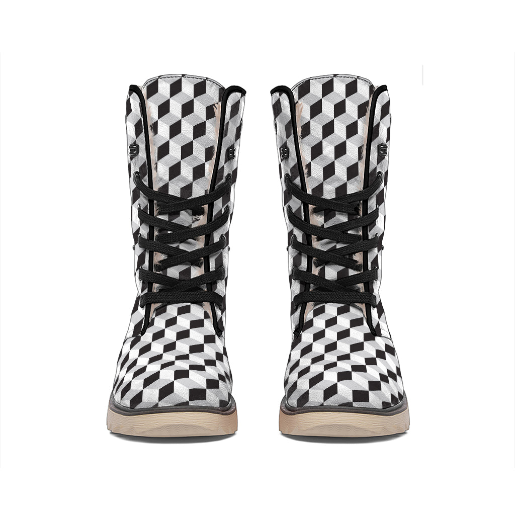 Grey Geometric Cube Shape Pattern Print Winter Boots