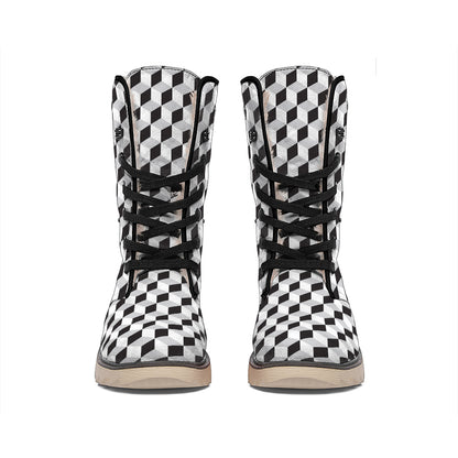 Grey Geometric Cube Shape Pattern Print Winter Boots
