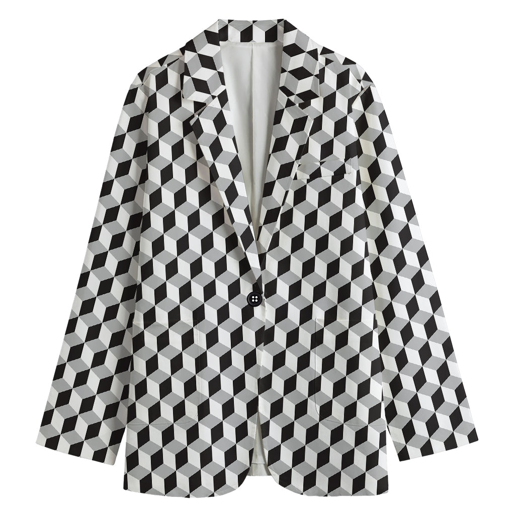 Grey Geometric Cube Shape Pattern Print Women's Blazer