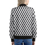 Grey Geometric Cube Shape Pattern Print Women's Bomber Jacket