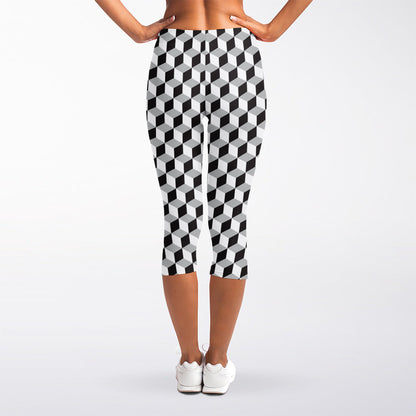 Grey Geometric Cube Shape Pattern Print Women's Capri Leggings