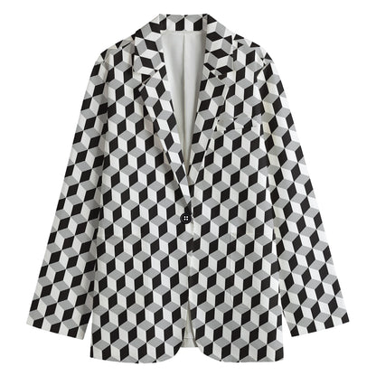 Grey Geometric Cube Shape Pattern Print Women's Cotton Blazer