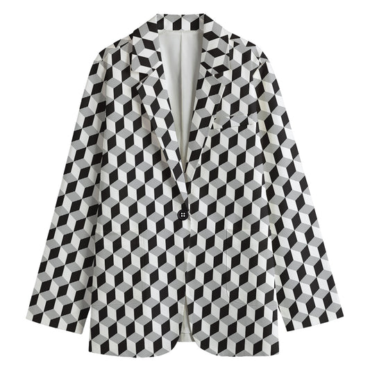 Grey Geometric Cube Shape Pattern Print Women's Cotton Blazer