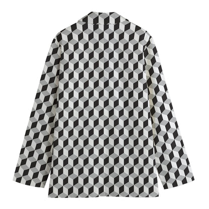 Grey Geometric Cube Shape Pattern Print Women's Cotton Blazer